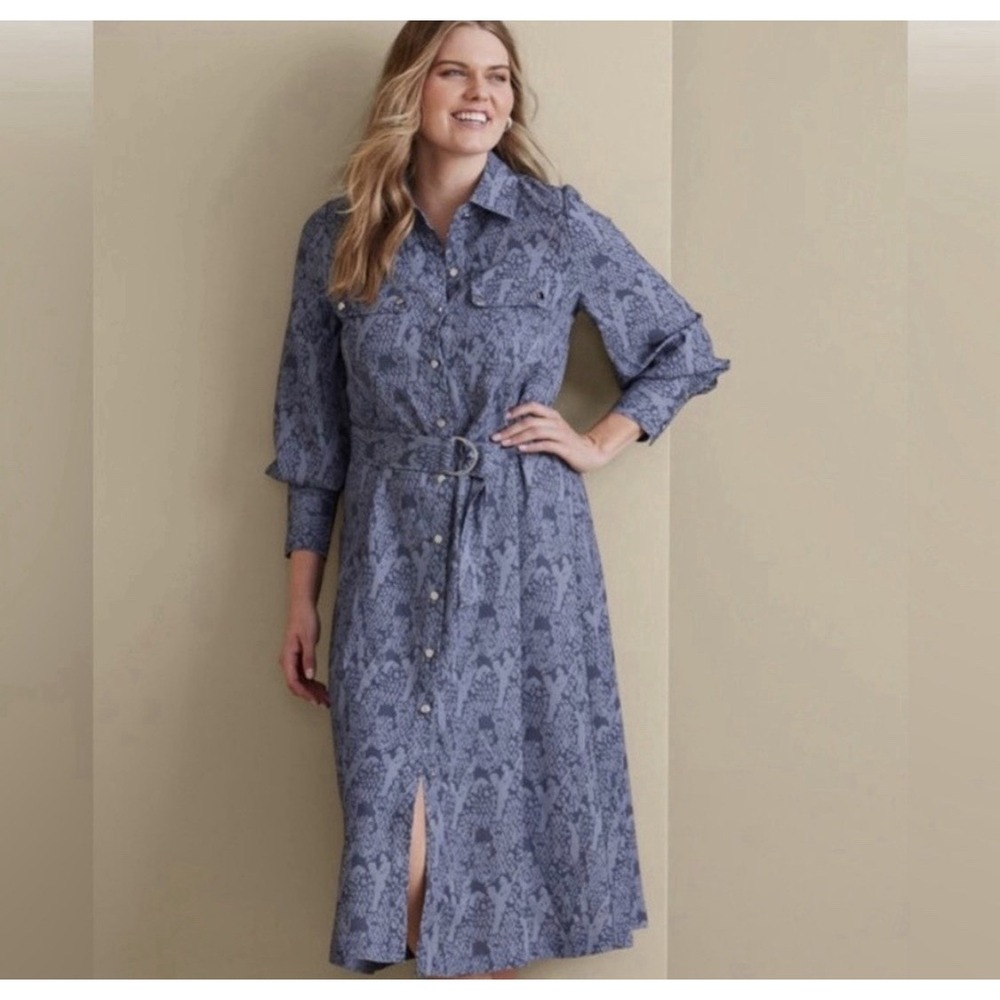 Soft Surroundings Irina Midi Shirt Dress blue snakeskin Print long belted Size L